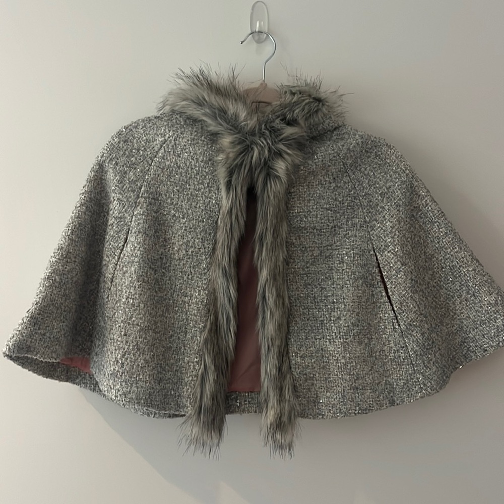 Cat & Jack Adorable wool cape with hood, faux fur trim, and sequins details.